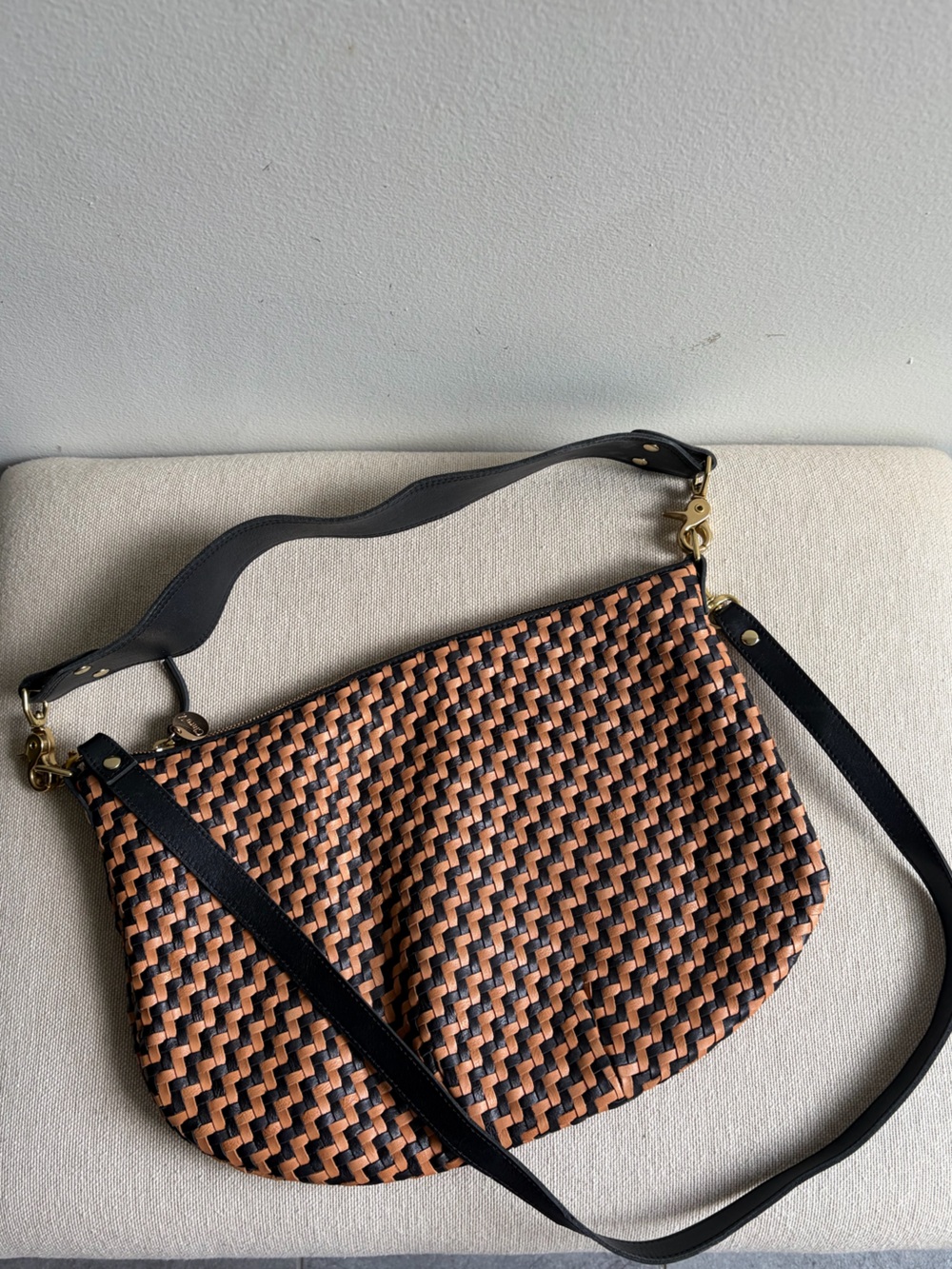 CLARE V Moyen Black Natural Woven Leather Messenger Crossbody Bag